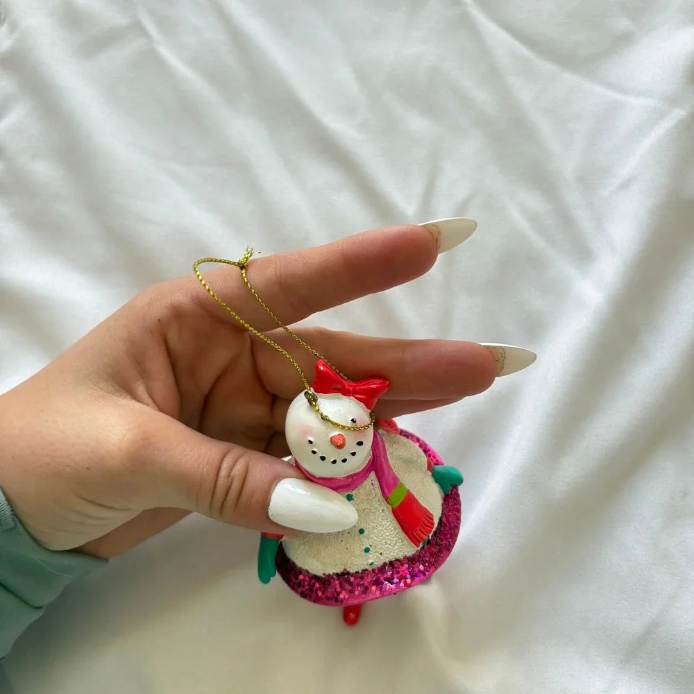 Snowman Girl Christmas Ornament Pink Glitter Tutu Scarf Red Boots Bow Holiday